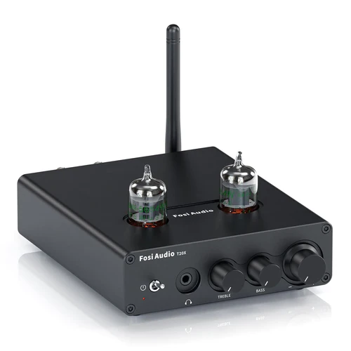 Fosi Audio T20X Bluetooth Tube Amplifier Headphone 2-in-1: Hifi Music Tube Bluetooth 5.0 Home Audio Receiver 2 Channel Amplifier and Headphone Amp. T20X can drive most home passive/desktop speakers and 3.5MM headphones. Achieve Hifi music quality. Bluetooth 5.0: Enjoy superior wireless audio experiences with Bluetooth 5.0 core. Faster transmission and more stable connection extended long range up to 50ft/15m. Wirelessly stream audio anywhere you want. Vacuum Tubes: T20X is equipped with JAN 5654W Vacuum Tubes to get more warm sound. Applicable vacuum tubes model: 6K4/6J1/6A2/6J4/GE5654/6AK5/66*In vacuum tubes, etc. You can replace the vacuum tubes to DIY your stereo system. Different tube with different sound. Product Parameters: MAX Power Output: 100W x2@4Ω, Terminating Impedance: 4-8Ω, THD: ≤0.05%, SNR: ≥ 105dB, Amplifier Chip: TPA3221, Frequency Range: 20Hz-20kHz(±1dB). What you Get: T20X amplifier x1, Bluetooth antenna x1, 5654W Vacuum tubes x2, User Manual x1, 24V/4.5A Power Adapter x1, AC Cord x1, 24-month worry-free warranty, and friendly customer service. fosi audio T20X bluetooth tube headphone amplifier fosi audio T20X bluetooth tube heaphone amplifier Specifications Specifications Details Model T20X Chip Set TPA3221 Output Power 100W x2@4Ω Terminating Impedance 2Ω-8Ω Input Mode Bluetooth + RCA Output Mode Passive Speakers + Headphone Frequency Range 20Hz - 20kHz (±1 dB) THD ≤ 0.05% SNR ≥ 105dB Bluetooth Transmission Distance Up to 28 Ft(10m) Bluetooth Name Fosi Audio T20X Device Dimension 5.40 x 4.80 x 1.35 inches Device Weight 479.8g±10g DC Input Range 19-30V Power Supply 24V 4.5A